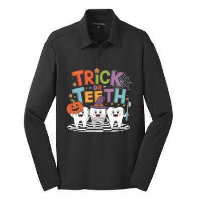 Trick Or Th Funny Dental Halloween Treat Dentist Funny Gift Cool Gift Silk Touch Performance Long Sleeve Polo