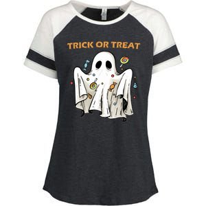 Trick Or Treat Candy Ghost Halloween Enza Ladies Jersey Colorblock Tee