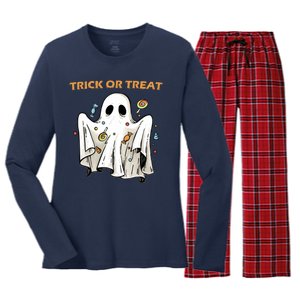 Trick Or Treat Candy Ghost Halloween Women's Long Sleeve Flannel Pajama Set 