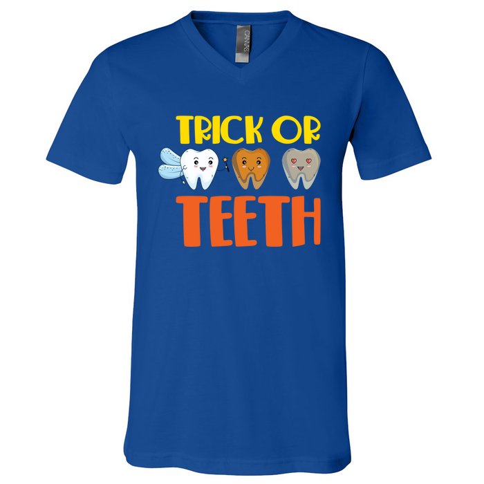 Trick Or Teeth Funny Halloween Dentist Dental Hygienist Gift V-Neck T-Shirt