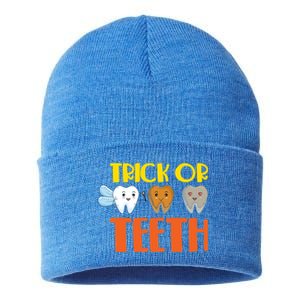 Trick Or Teeth Funny Halloween Dentist Dental Hygienist Gift Sustainable Knit Beanie