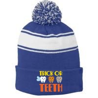 Trick Or Teeth Funny Halloween Dentist Dental Hygienist Gift Stripe Pom Pom Beanie