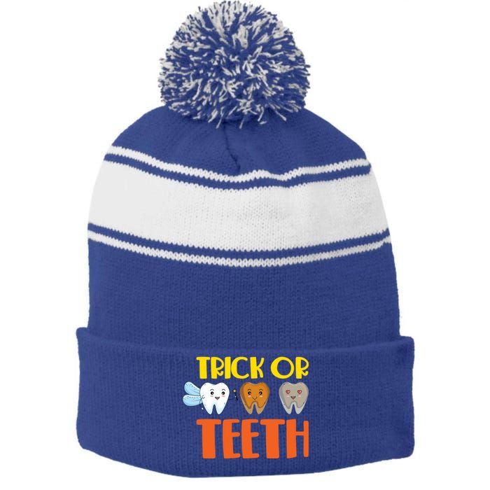 Trick Or Teeth Funny Halloween Dentist Dental Hygienist Gift Stripe Pom Pom Beanie