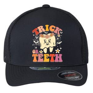 Trick Or Teeth Ghost Groovy Dental Halloween Treat Dentist Cute Gift Flexfit Unipanel Trucker Cap