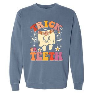 Trick Or Teeth Ghost Groovy Dental Halloween Treat Dentist Cute Gift Garment-Dyed Sweatshirt