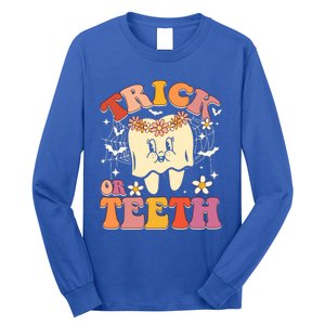 Trick Or Teeth Ghost Groovy Dental Halloween Treat Dentist Cute Gift Long Sleeve Shirt