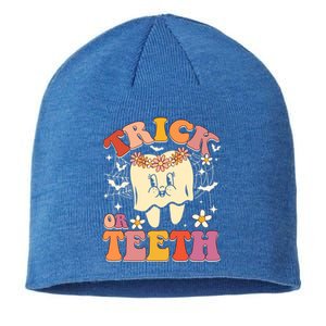 Trick Or Teeth Ghost Groovy Dental Halloween Treat Dentist Cute Gift Sustainable Beanie