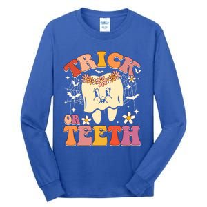 Trick Or Teeth Ghost Groovy Dental Halloween Treat Dentist Cute Gift Tall Long Sleeve T-Shirt