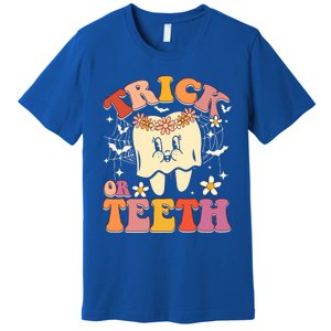 Trick Or Teeth Ghost Groovy Dental Halloween Treat Dentist Cute Gift Premium T-Shirt