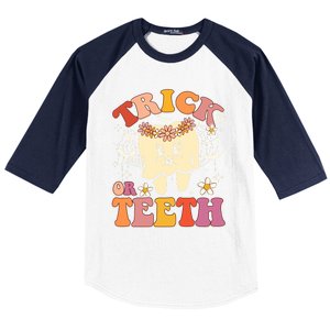 Trick Or Teeth Ghost Groovy Dental Halloween Treat Dentist Cute Gift Baseball Sleeve Shirt