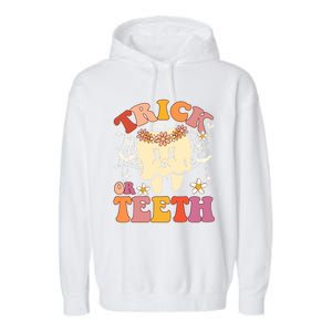 Trick Or Teeth Ghost Groovy Dental Halloween Treat Dentist Cute Gift Garment-Dyed Fleece Hoodie