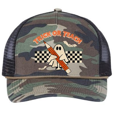 Trick Or Teach Cute Boo Pencil Plaid Background Halloween Retro Rope Trucker Hat Cap