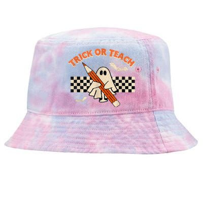 Trick Or Teach Cute Boo Pencil Plaid Background Halloween Tie-Dyed Bucket Hat