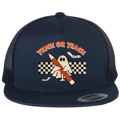 Trick Or Teach Cute Boo Pencil Plaid Background Halloween Flat Bill Trucker Hat