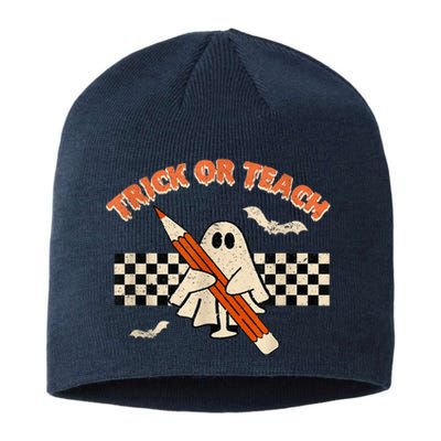 Trick Or Teach Cute Boo Pencil Plaid Background Halloween Sustainable Beanie