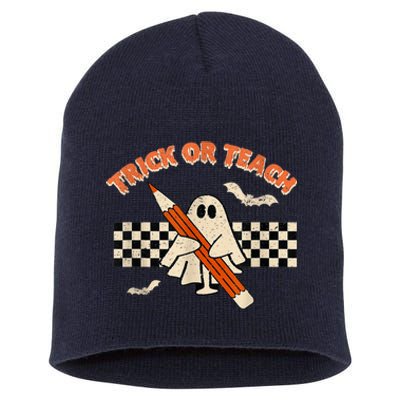 Trick Or Teach Cute Boo Pencil Plaid Background Halloween Short Acrylic Beanie