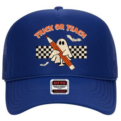 Trick Or Teach Cute Boo Pencil Plaid Background Halloween High Crown Mesh Back Trucker Hat