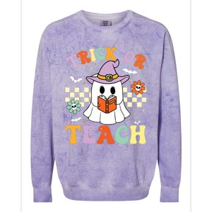 Trick Or Teach Groovy Teacher Halloween Retro Floral Ghost Colorblast Crewneck Sweatshirt