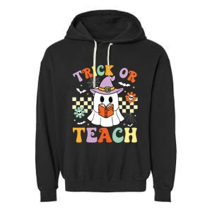 Trick Or Teach Groovy Teacher Halloween Retro Floral Ghost Garment-Dyed Fleece Hoodie