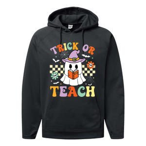 Trick Or Teach Groovy Teacher Halloween Retro Floral Ghost Performance Fleece Hoodie