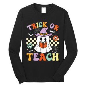 Trick Or Teach Groovy Teacher Halloween Retro Floral Ghost Long Sleeve Shirt