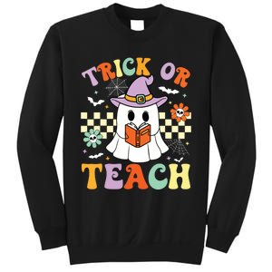 Trick Or Teach Groovy Teacher Halloween Retro Floral Ghost Sweatshirt