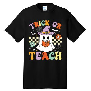 Trick Or Teach Groovy Teacher Halloween Retro Floral Ghost Tall T-Shirt