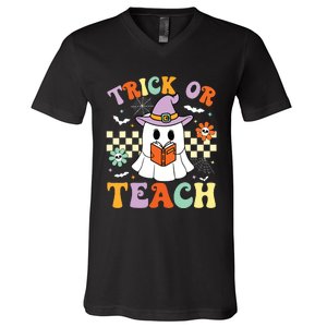 Trick Or Teach Groovy Teacher Halloween Retro Floral Ghost V-Neck T-Shirt