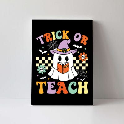 Trick Or Teach Groovy Teacher Halloween Retro Floral Ghost Canvas