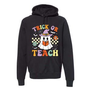 Trick Or Teach Groovy Teacher Halloween Retro Floral Ghost Premium Hoodie