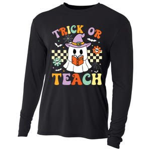 Trick Or Teach Groovy Teacher Halloween Retro Floral Ghost Cooling Performance Long Sleeve Crew