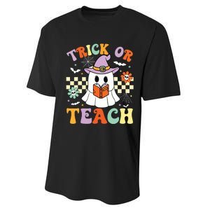 Trick Or Teach Groovy Teacher Halloween Retro Floral Ghost Performance Sprint T-Shirt