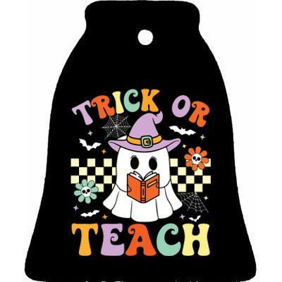 Trick Or Teach Groovy Teacher Halloween Retro Floral Ghost Ceramic Bell Ornament