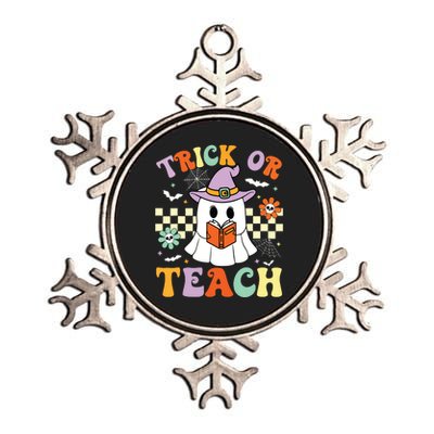 Trick Or Teach Groovy Teacher Halloween Retro Floral Ghost Metallic Star Ornament