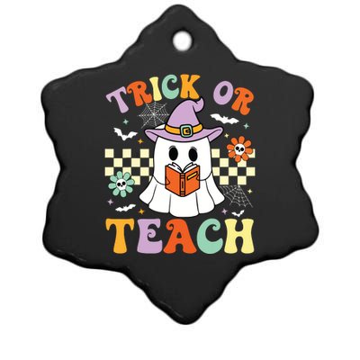 Trick Or Teach Groovy Teacher Halloween Retro Floral Ghost Ceramic Star Ornament