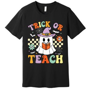 Trick Or Teach Groovy Teacher Halloween Retro Floral Ghost Premium T-Shirt