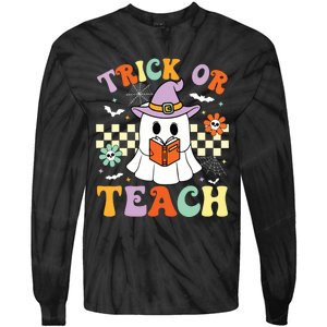 Trick Or Teach Groovy Teacher Halloween Retro Floral Ghost Tie-Dye Long Sleeve Shirt