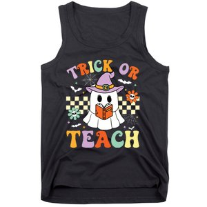 Trick Or Teach Groovy Teacher Halloween Retro Floral Ghost Tank Top