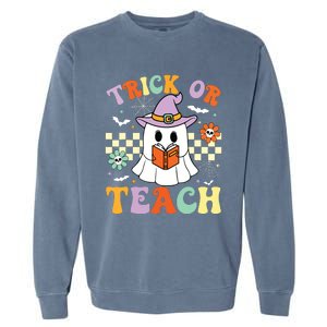 Trick Or Teach Groovy Teacher Halloween Retro Floral Ghost Garment-Dyed Sweatshirt