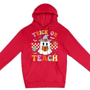 Trick Or Teach Groovy Teacher Halloween Retro Floral Ghost Premium Pullover Hoodie