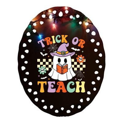 Trick Or Teach Groovy Teacher Halloween Retro Floral Ghost Ceramic Oval Ornament