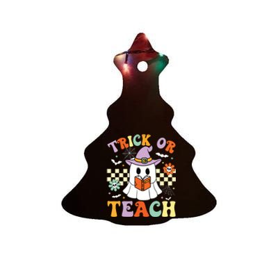 Trick Or Teach Groovy Teacher Halloween Retro Floral Ghost Ceramic Tree Ornament