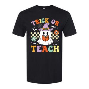 Trick Or Teach Groovy Teacher Halloween Retro Floral Ghost Softstyle CVC T-Shirt