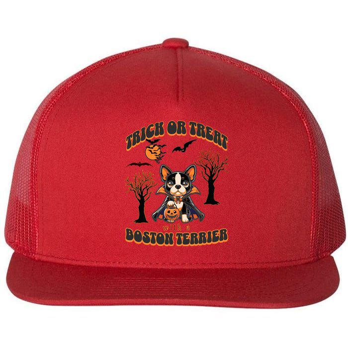 Trick Or Treat With A Boston Terrier Halloween Graphic Flat Bill Trucker Hat