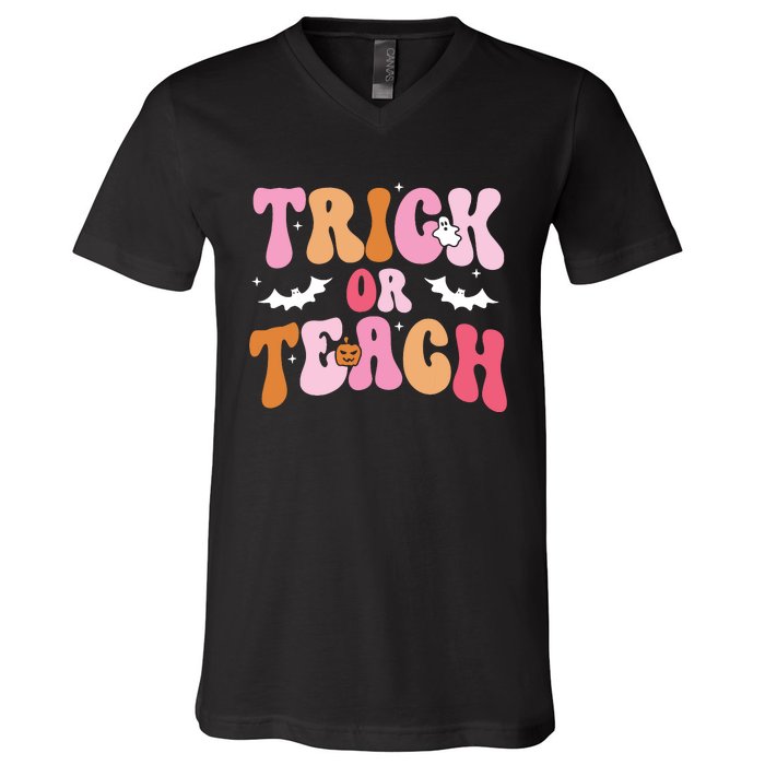 Trick Or Teach Halloween Teacher Kids Teacher Life V-Neck T-Shirt