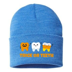 Trick Or Teeth Treat Funny Dental Halloween Dentist Gift Sustainable Knit Beanie