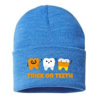 Trick Or Teeth Treat Funny Dental Halloween Dentist Gift Sustainable Knit Beanie