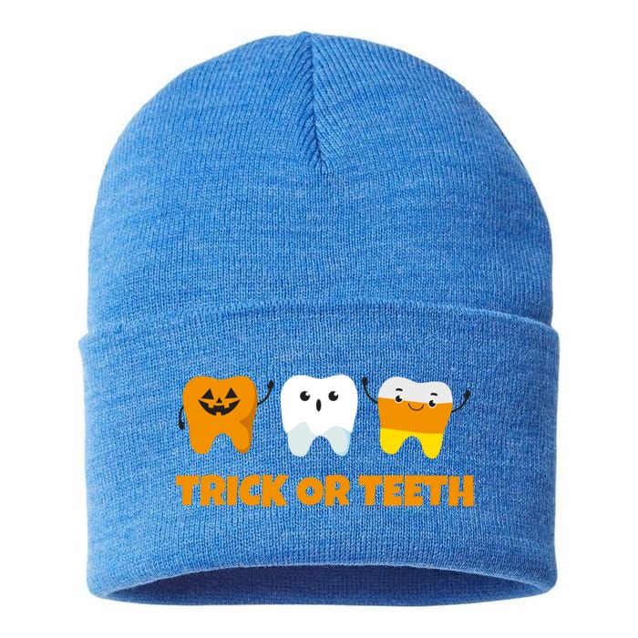 Trick Or Teeth Treat Funny Dental Halloween Dentist Gift Sustainable Knit Beanie