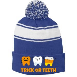 Trick Or Teeth Treat Funny Dental Halloween Dentist Gift Stripe Pom Pom Beanie