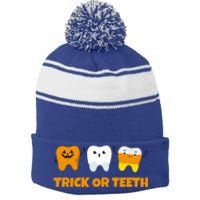 Trick Or Teeth Treat Funny Dental Halloween Dentist Gift Stripe Pom Pom Beanie